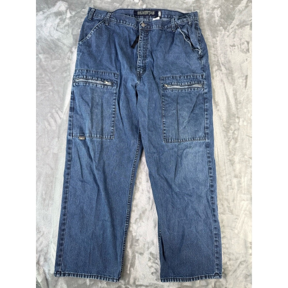 Vtg Levis SilverTab Jeans Blue Baggy Wide Leg Distressed Cargo Denim 40x30.5